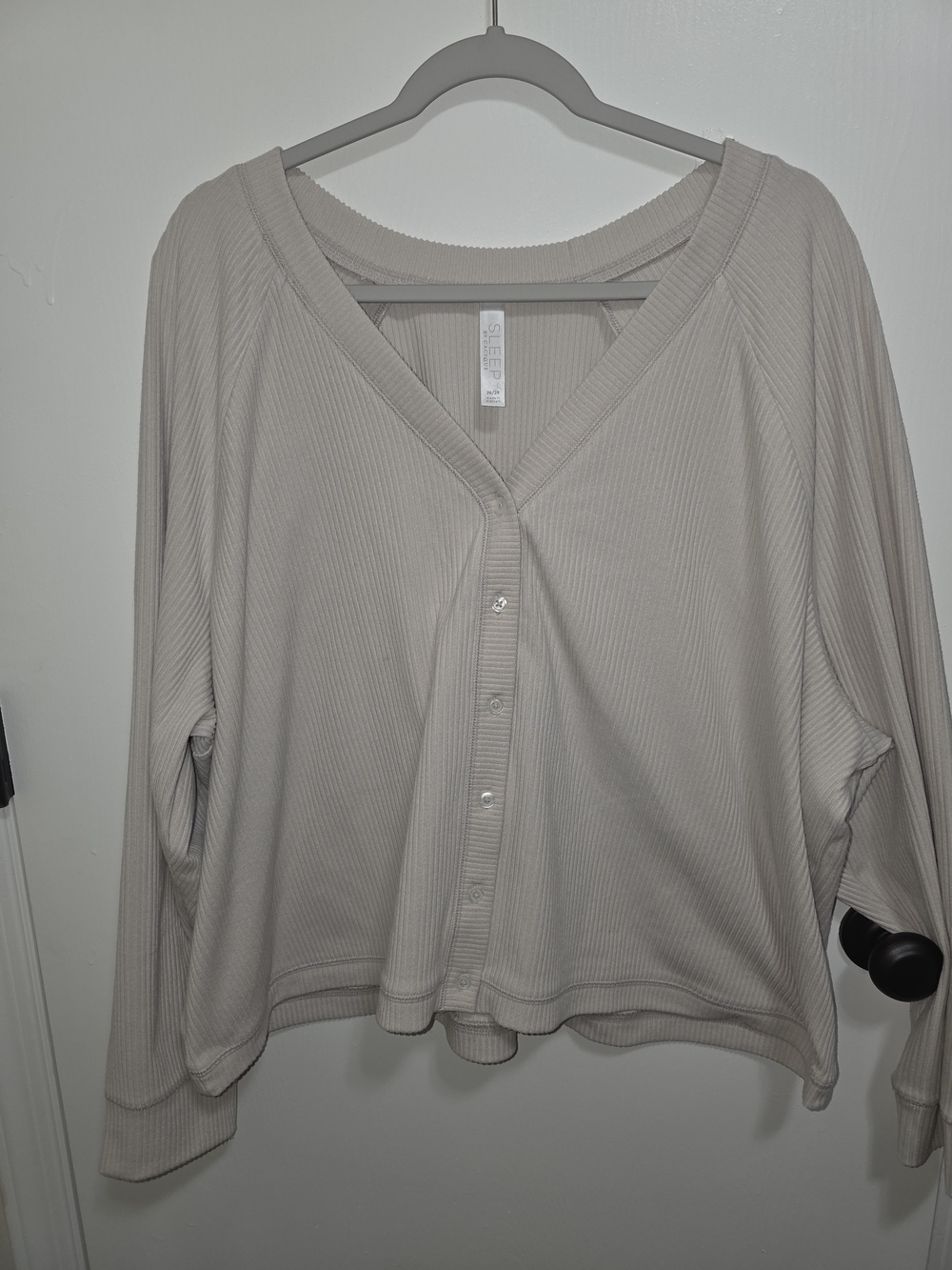 Cacique Ribbed Button-Front Long Sleeve Top in Light Taupe